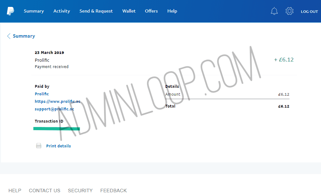 Admin Loop Prolific Payment Proof