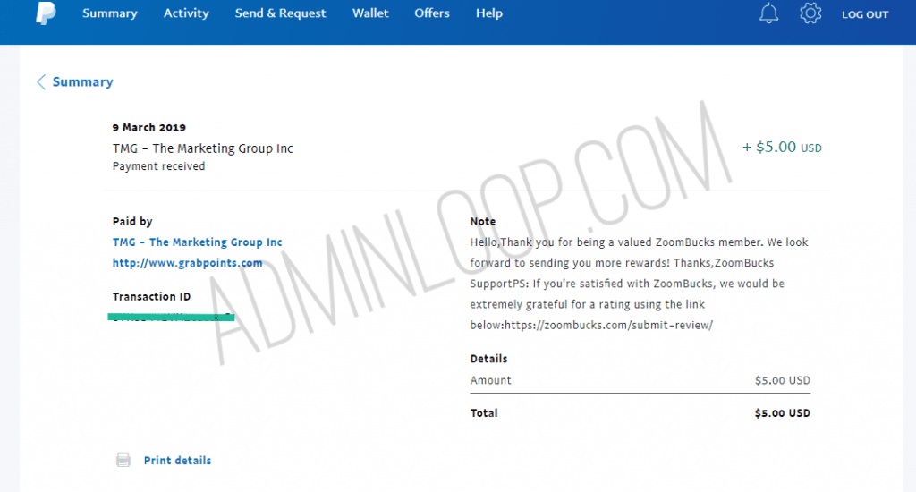 ZoomBucks $5 PayPal Payment Proof for Admin Loop